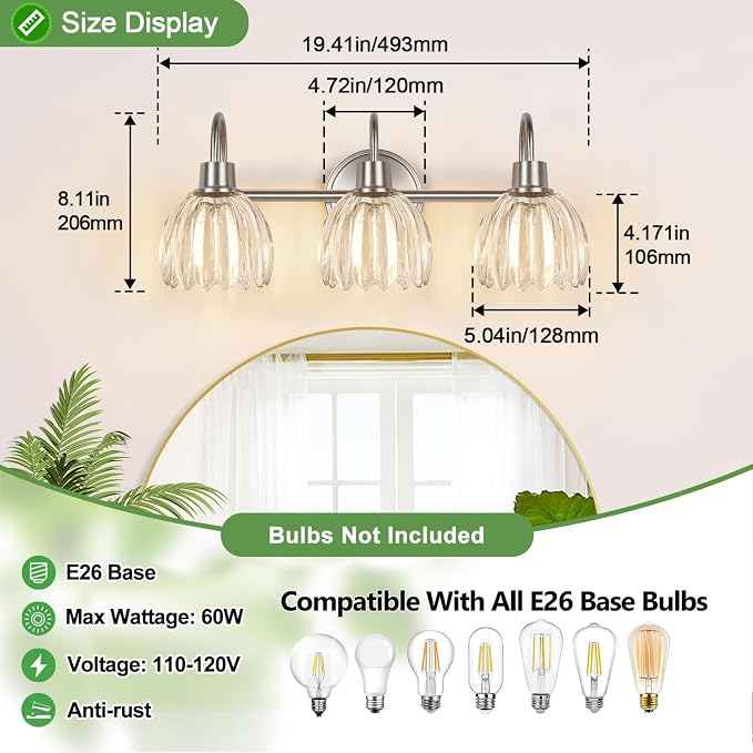 3-Light Bathroom Light Fixtures, 20" Vanity Light Over Mirror with Ribbed Clear Tulip Glass Shades, Brushed Nickel Wall Lights for Bathroom, Bedroom, Living Room, Hallway (Bulb Not Included)