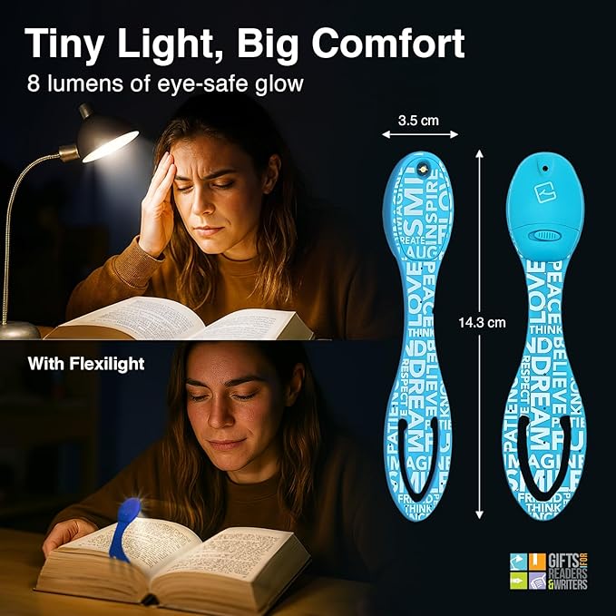 Gifts for Readers & Writers Book Light, Clip On Reading Light for Bed, 2in1 Flexilight & Bookmark, Small & Lightweight with a Soft Glow, 2 Batteries Included, Blue Words