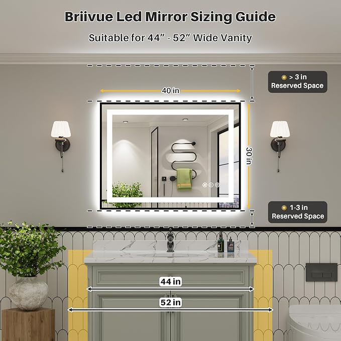 40x30 Inch LED Bathroom Mirror with Black Frame, Backlit & Front Lit | Anti-fog, 3 Color Dimmable, Memory Function, HD Reflection Tempered Glass, ETL Listed, IP54 Waterproof