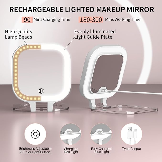 FUNTOUCH Rechargeable Travel Makeup Mirror, 20X/1X Magnifying Double Sided Makeup Mirror, Lighted Portable Vanity Mirror,3 Colors Lighting & Stepless Dimming,with Tweezers & Bag,Gift for Women,White
