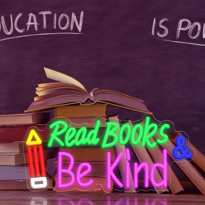 Read Books and Be Kind Neon Sign, Adjustable Pencil Neon Light Student LED Neon Light, Colorful Neon Light Up Sign for Classroom Bookstore Library Study Room 15.35 x 7.09 inch