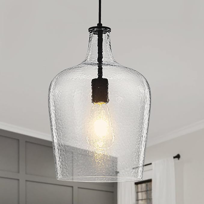 9.3" Blown Glass Pendant Lighting for Kitchen Island,Black Large Pendant Light Fixture with blown Thickened Glass,1 Light Farmhouse Hanging Light for Hallway,Bedroom, Living Room Tall 14 inch
