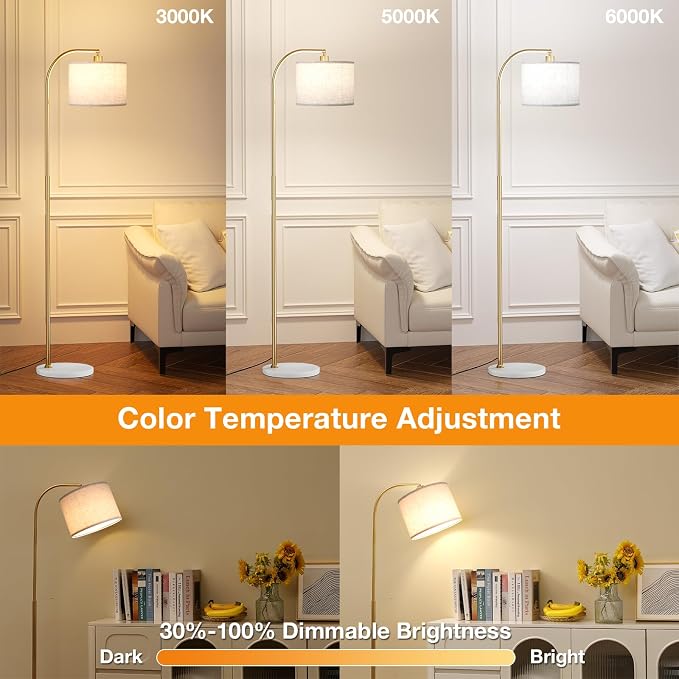 Arc Floor Lamp with Remote and Stepless Dimmable Bulb, Colors Temperature & Brightness Adjustable, Gold Pole & Marble Base