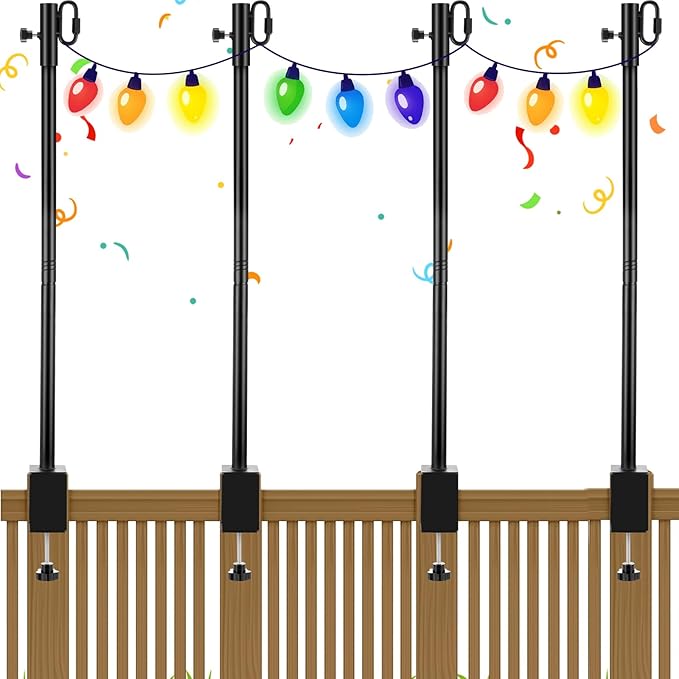 6 Pack Deck String Light Poles with Adjustable 3" Clamp, Outdoor Light Poles for String Lights Christmas Garden Backyard Deck Fence Railing Hanging Bird Feeders, Lanterns, Wind Chimes (28 Inch)