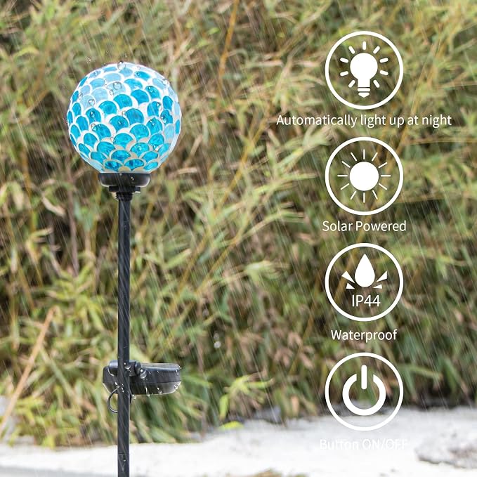 VCUTEKA Decorative Solar Garden Lights, 3.5" Mosaic Globe Outdoor Stake | Mosaic Glass Globe Design, Solar LED Light, Waterproof Design, Auto On/Off and Metal Stake Design for Lawn and Patio