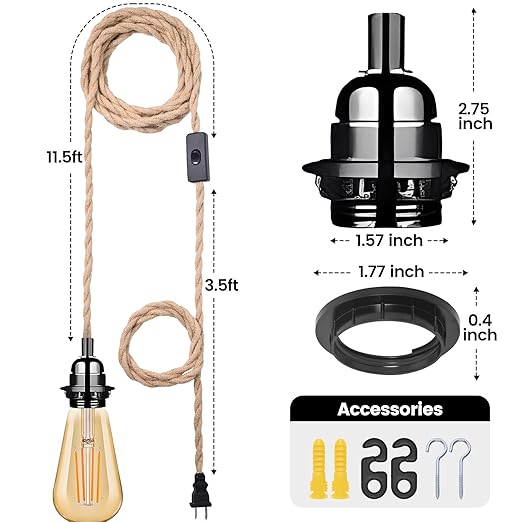 Plug in Pendant Light Cord, Industrial Hanging Light Kit with 15FT Hemp Rope, E26 E27 Light Socket for Hanging Lamp Kit, Hanging Light Cord with On/Off Switch, Bulb Not Included