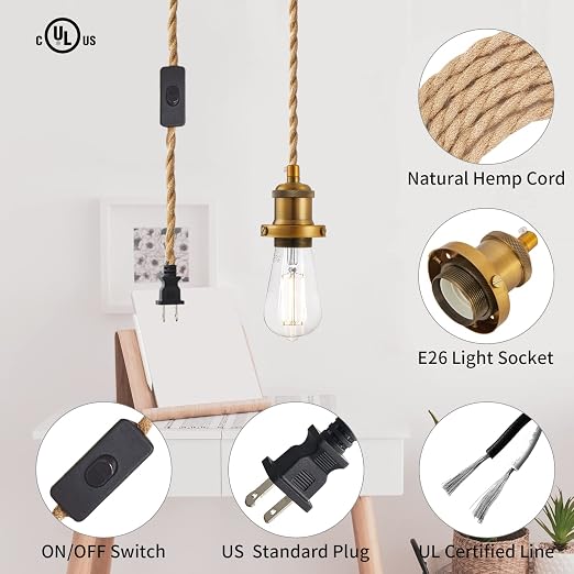 15.4ft Pendant Light Cord Kit, Industrial Vintage Plug in E26 Socket Hanging Light with Switch, Hemp Rope Hanging Light Fixture for Pendant Lamp Farmhouse Lamp Cable DIY