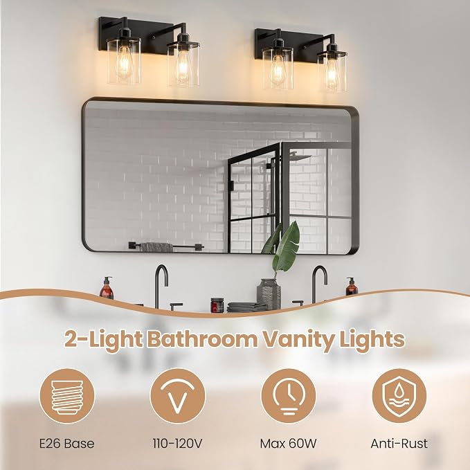 2-Light Bathroom Light Fixtures, Black Vanity Lights for Bathroom with Clear Glass Shade, Bathroom Lights Over Mirror, Modern Bath Wall Mounted Lamp for Living Room, Bedroom, Porch