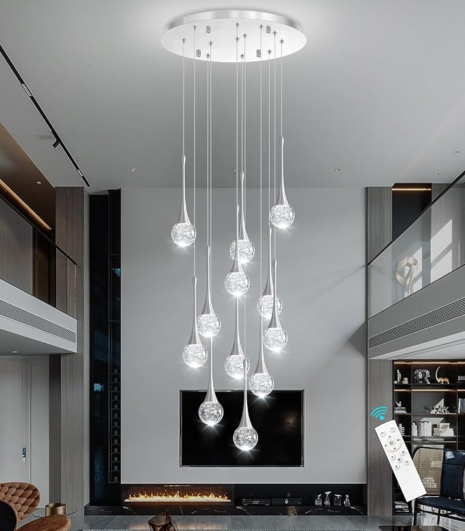 118 inches Modern Glam Crystal Chandelier for High Ceiling LED Dimmable Ceiling Pendant Light Staircase Foyer Enterway Living Room Chandelier Lighting Brushed Nickel 12 Lights