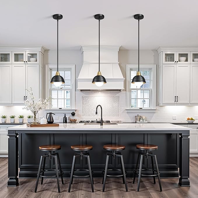 Industrial Kitchen Pendant Light Fixtures: 6 Inch Metal Modern Chandelier - Adjustable Farmhouse Black and Gold Pendant Lighting for Kitchen Living Room Bedroom