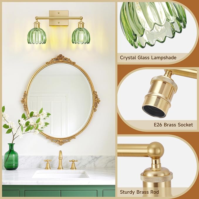 Bathroom Lights Over Mirror,2-Light Vintage Vanity Light Fixtures,Retro Brass Bathroom Light, Flower Wall Sconce With Green Tulip Glass Shade For Bedroom, Living Room, Dressing Table, E26 Base