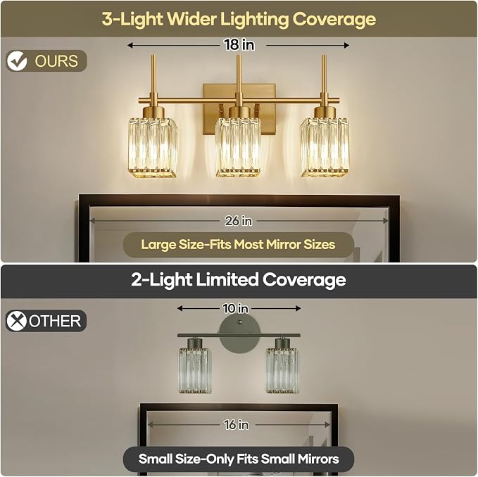 Torondo Modern Crystal Bathroom Vanity Light 3-Light Brushed Gold Bathroom Light Fixtures Over Mirror Brushed Gold Vanity Lighting Fixtures Square Shade Brass Wall Sconce (Bulbs Not Include)