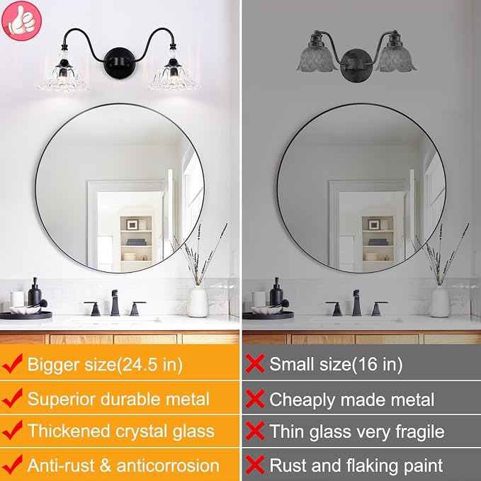 Farmhouse Bathroom Vanity Light Fixtures 2 Lights Matte Black Vanity Lights for Bathroom with Floral Crystal Glass Shade Wall Lighting Fixtures Over Mirror(Exclude E26 Bulb)