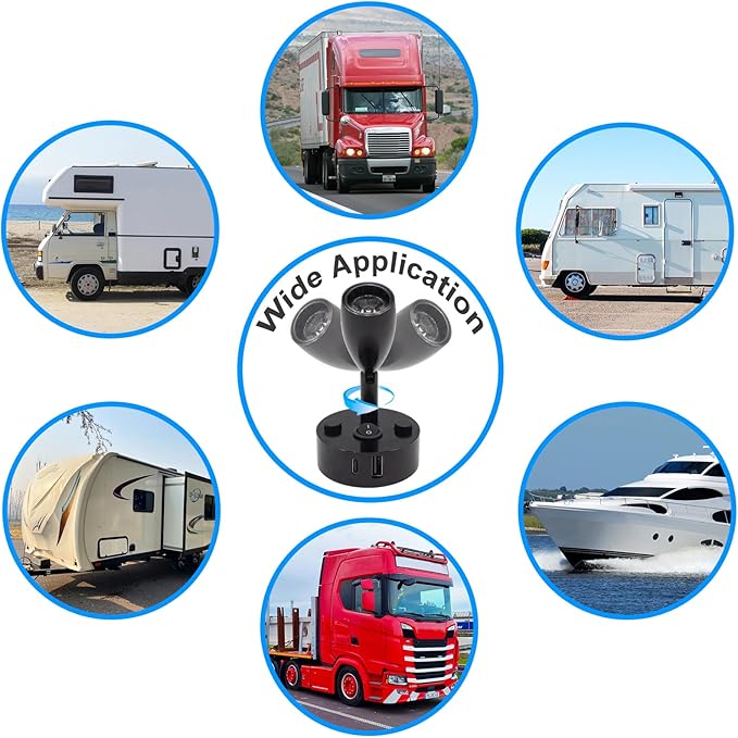 2-PCS RV Reading Lights 12V Interior with USB-A & USB-C Charging Ports, Rotatable Camper LED Light Fixture, RV Bedside Light for Motorhome, Camper, Travel Traile, Boat and Van