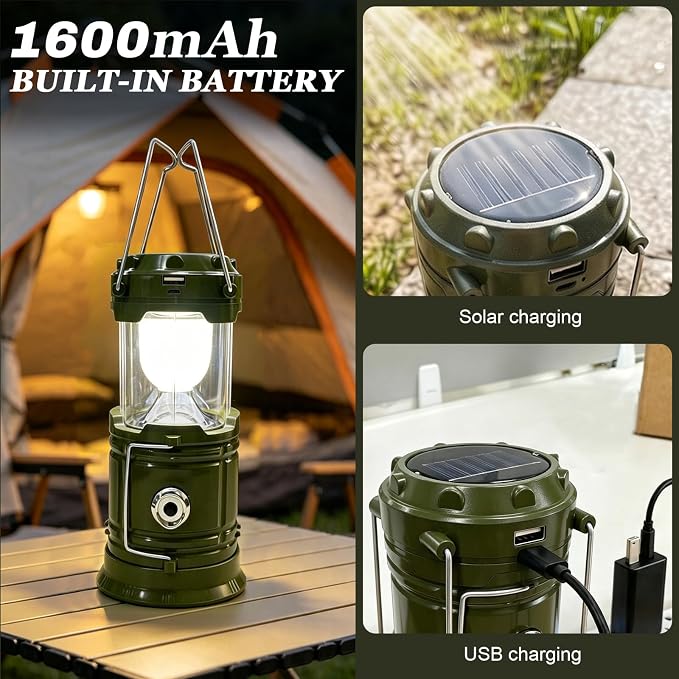 DIBMS 2-Pack Solar Camping Lantern, Collapsible Flashlight Emergency Lights | LED Solar USB Rechargeable Lamp Tent Hanging Lights Survival Kits for Hurricanes Power Outages Indoor Outdoor (Army Green)