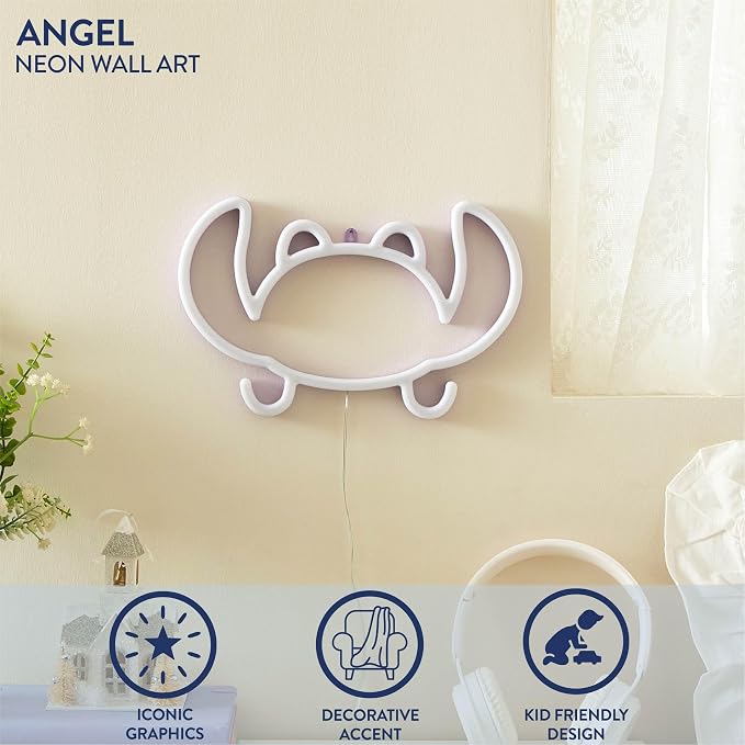 Disney Lilo and Stitch Angel Neon Lamp,LED Neon Light, Angel Outline Wall Décor, Soft Glow Decorative Lamp for Bedroom, Living Room, Desk or Gift