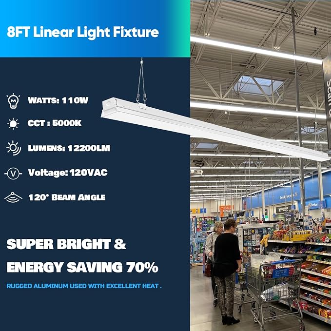 ANTLUX 8FT LED Shop Light Fixture 110W 5000K Linkable, 4 Pack | 12200 LM, Linear Strip, Fluorescent Tube Replacement, 8 Foot, for Garage, Warehouse, Workshop