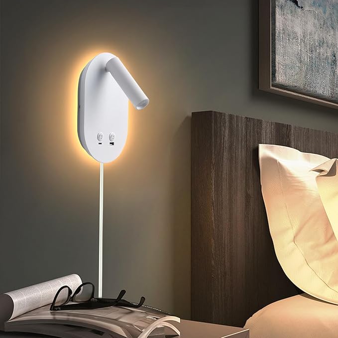 Wall Lamp Plug in Hardwired 2 in 1 Wall Sconces, Wall Mounted Reading Light with USB Type C Ports, Adjustable Bedside Headboard Spotlight, Bedside Lamp with 9W+3W Night Light 3000K (White)