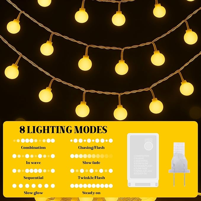 String Lights for Bedroom, 200 LED Globe Plug in Fairy Lights, 66FT Connectable Warm White Twinkle Lights with 8 Lighting Modes, Cozy Bed & Wall Decor, Waterproof for Outdoor Use