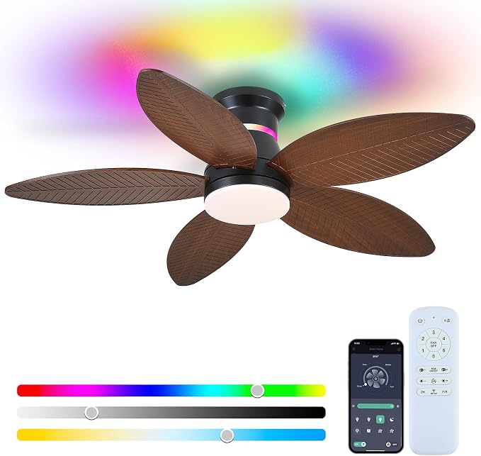 Tropical Palm Leaf RGB Ceiling Fans with Lights 46”, Brown Flush Mount Ceiling Fan with Light and Remote, 3CCT Dimmable LED&&Side RGB Light, Reversible 6 Speeds, Quite Low Profile Ceiling Fan Party