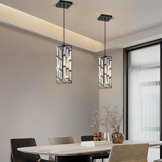 Black Pendant Lights, Modern Pendant Light Kitchen Island, 2 Pack Mini Crystal Chandeliers for Dining Room Bedroom Foyer Hallway