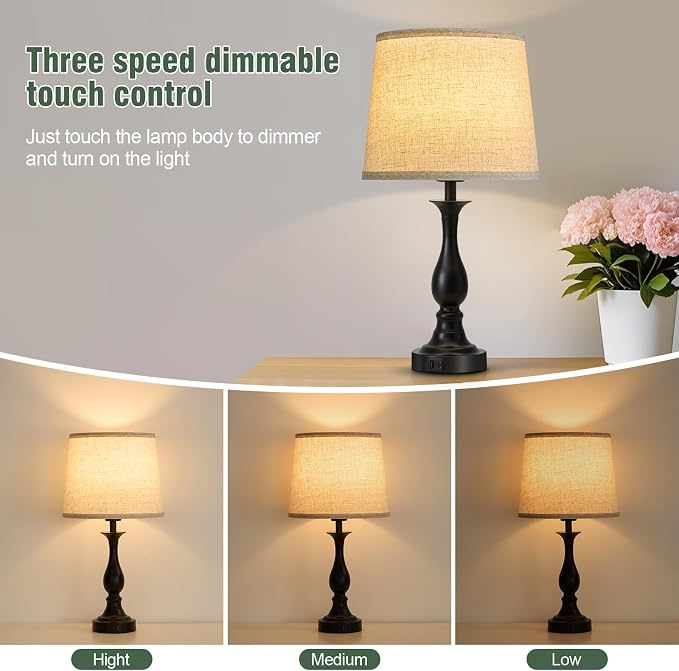 Bedside Table Lamp Touch Control Bedroom Lamps with USB A + C Charging Port 3 Way Dimmable Touch Lamps for Nightstand Living Room Bedroom Dorm Home Office Reading, Set of 2 (Beige Shade & Black Base)