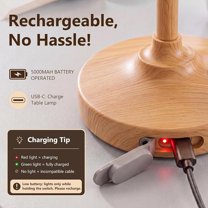 Table Lamp Cordless Lamp,5000mAh Rechargeble Battery Operated Lamp | Small Bedside Desk Lamp 11.02" with Glass Shade 3-Way Dimmable Portable LED Table Light,for Outdoor,Dinner,Patio(Wood Grain)