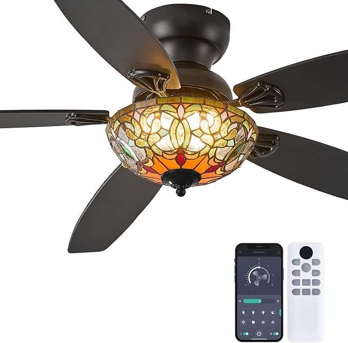 Ceiling Fans with Lights-52 Ceiling Fan Chandelier and Glass Shade | 52" Ceiling Fan Chandelier with 5 Dual-Blades and Glass Shade, 6 Speeds and Reversible, Indoor and Outdoor, Retro Style