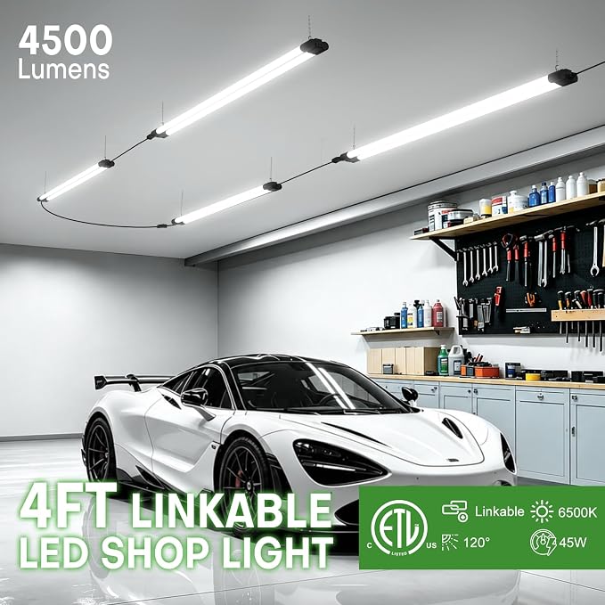 T5 LED Shop Light, 4FT 4500LM Garage Lighting, 45W (150W Equivalent), 6500K Linkable Integrated Light Fixture with ON/OFF Switch, Hanging or Ceiling Mount Bright White Light for Workshop (4 Pack)