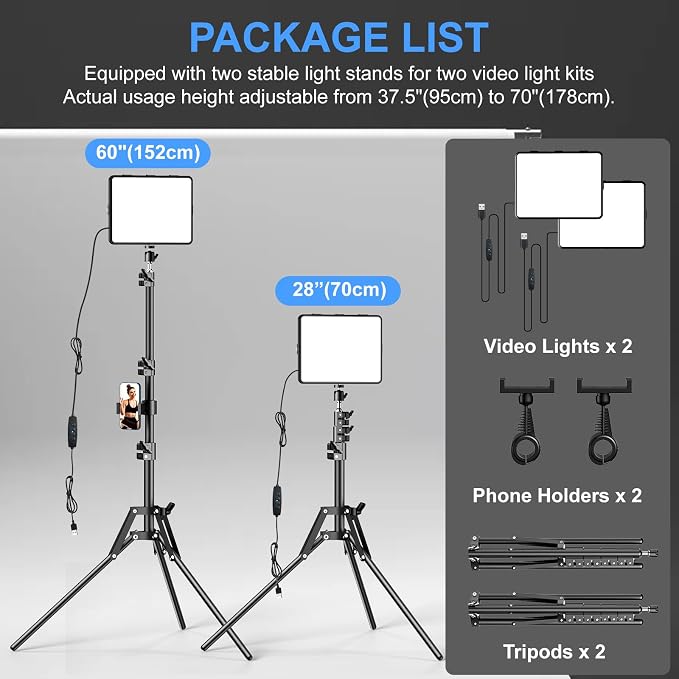 2 Packs Video Light Kit, LED Studio Light, 2700-6500K Dimmable Photography Lighting Kit with Tripod Stand&Phone Holder, 12" Rotating Streaming Light for Video Recording, Game Streaming, YouTube