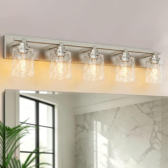 Modern Bathroom Lighting Fixtures Over Mirror, Vanity Lights for Bathroom, Wall Sconces with Clear Glass Shades, E26 Ceramic Socket, 5-Light 35.4-inch Brushed Nickel