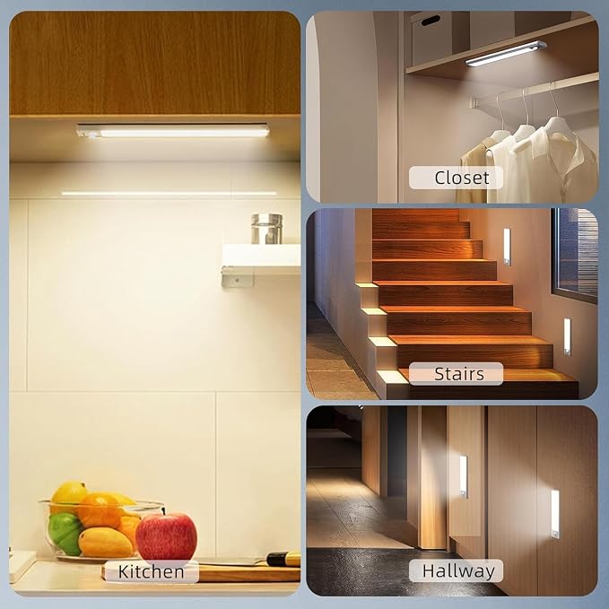 DAYBETTER 12inch Under Cabinet Lighting,4 Pack Motion Sensor Light Indoor | Rechargeable LED Light,3 Color Temps,5 Levels Dimmable,Magnetic Closet Light,Wireless Under Counter Lights for Kitchen,Stairs