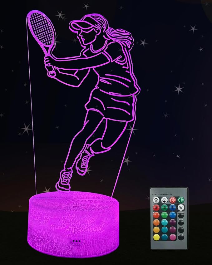 Tennis 3D Illusion Night Light Gift for Girls, 16 Colors Changing | Dimmable, Touch & Remote Control, Room Bedroom Décor, Birthday Christmas Kid Teen Women Ball Player Sport Fan Lamp
