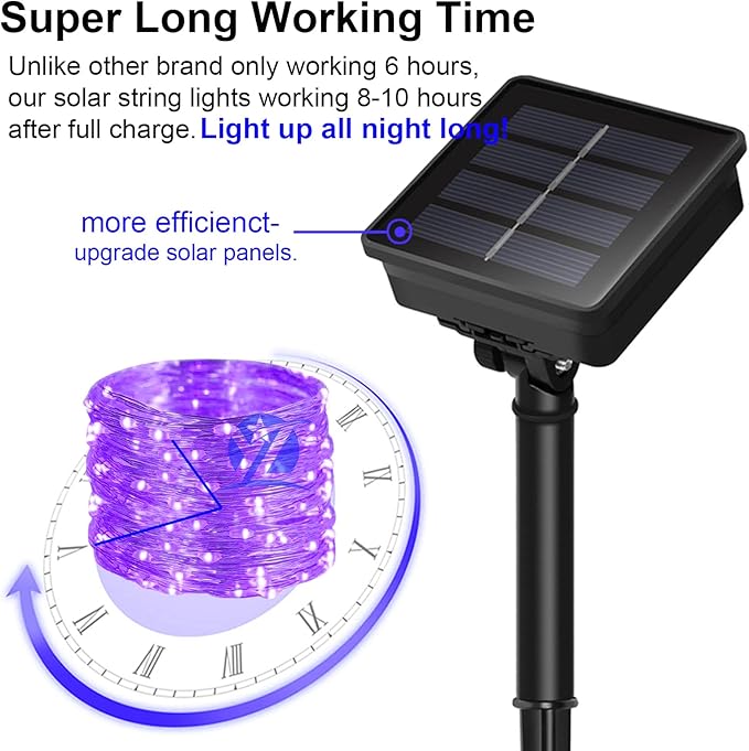 YAOZHOU Solar Christmas Halloween String Lights Purple Outdoor Waterproof 2Pack Total 200Led 8 Modes Copper String Lights Fairy Lights for Valentine's Day Garden, Patio, Fence, Balcony, Outdoors