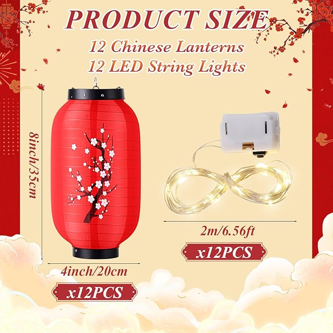 Baquler 24 Pcs Japanese Cherry Blossom Silk Lanterns 8 x 14 Inch Hanging Sakura Lantern Decorations for Wedding Party Restaurant Festival Decor Including 12 Lanterns and 12 Lights(Plum Bossom)