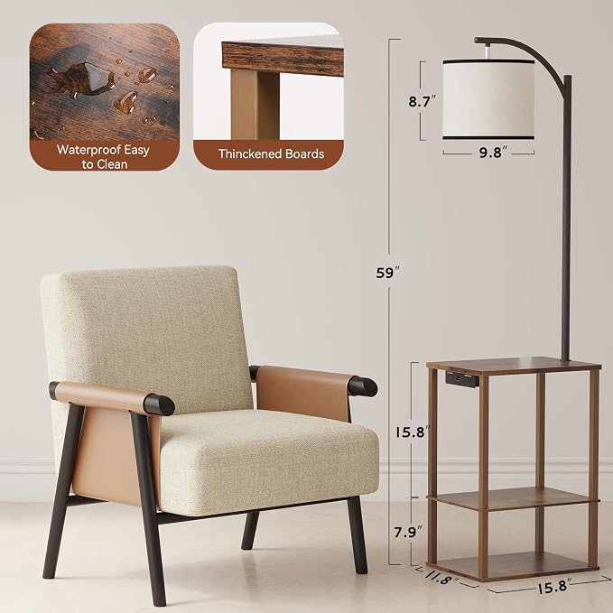 SUNMORY Floor Lamp with Table Shelves, End Side Table for Living Room | USB & AC Charging Stations, 3 Color Temperature 9W LED Bulb, Adjustable Shade, Modern Nightstand Lamps for Bedroom Office