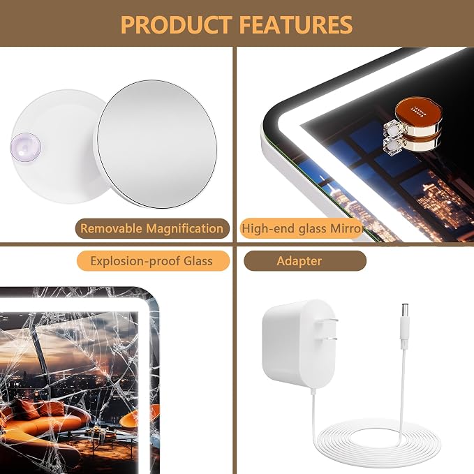 Hasipu Vanity Mirror with Lights and Bluetooth Speaker, 50.2" x 33.9" LED Makeup Mirror, Lighted Makeup Mirror with Dimmable 3 Modes, Touch Screen Control Vanity Mirror Round White