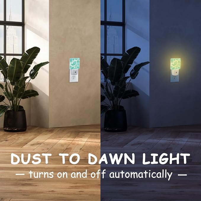 Green Paisley Floral Night Light,Traditional Paisley Plug-in Night Light Auto Dusk-to-Dawn Sensor Energy Efficient LED Lamp for Room Decor,Hallway,Kitchen,Bathroom,Nursery,Stairs