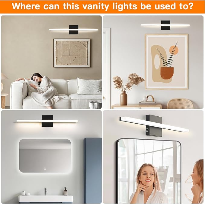 24 Inch LED Bathroom Vanity Light, 3-Color Selectable 3000K-6000K, IP44 Waterproof Wall Sconce for Makeup Mirror, Modern Black Vanity Lighting for Bathroom & Bedroom