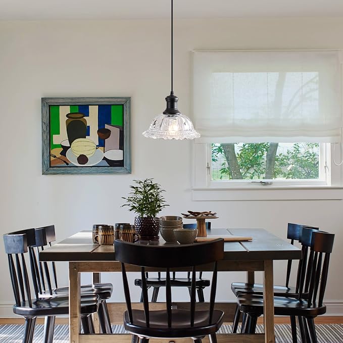 Vintage Pendant Light, Glass Pendant Light Fixture with Flower Clear Shade, Farmhouse Black Pendant Lighting for Kitchen Island, Dining Room, Bedroom, Living Room, Entryway, Hallway