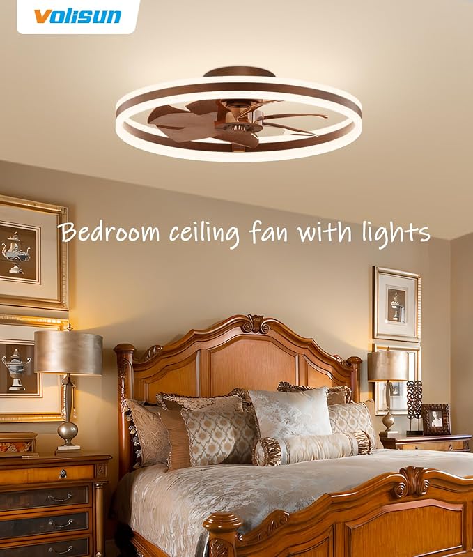 VOLISUN Low Profile Ceiling Fans with Lights and Remote, 24in Flush Mount Ceiling Fans with Light, 3000K-6500K Dimmable Fandelier LED Fan Light, Farmhouse Ceiling Fans with Lights for Bedroom