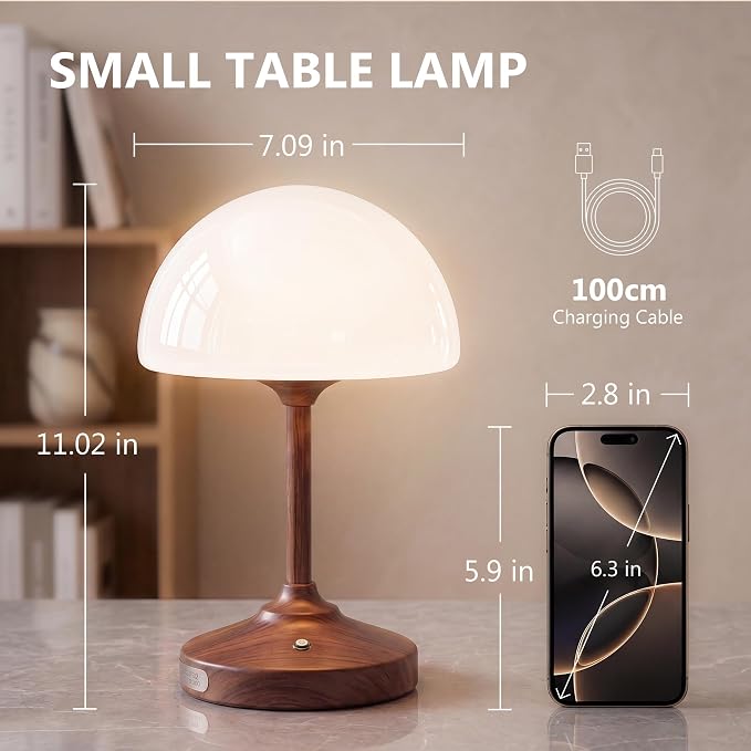 Table Lamp Cordless Lamp,5000mAh Rechargeble Battery Operated Lamp | Small Bedside Desk Lamp 11.02" with Glass Shade 3-Way Dimmable Portable LED Table Light,for Outdoor,Dinner(Walnut Wood Grain)