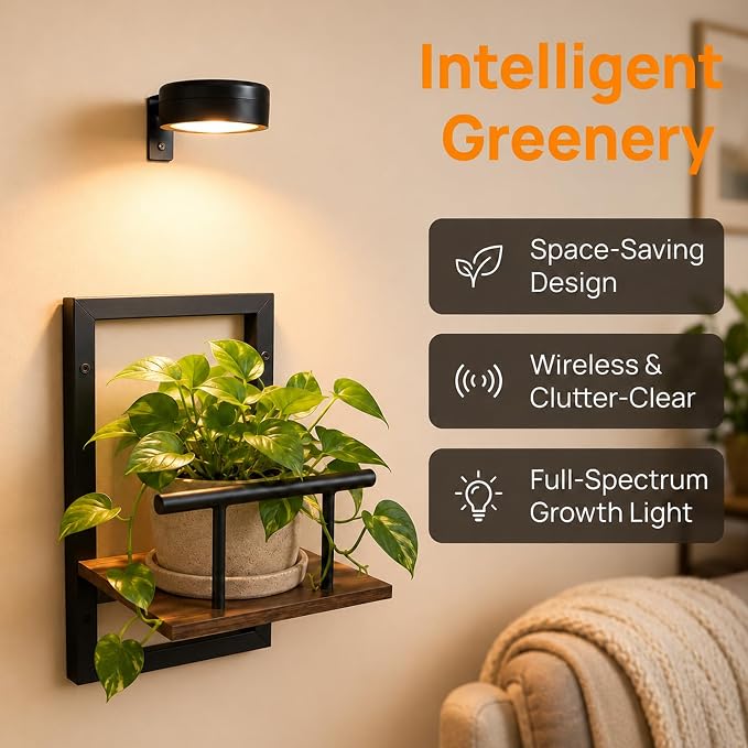 2 Pack Plant Wall Shelf with Grow Light, Wall Mounted Indoor Plant Shelf | Rechargeable Cordless Magnetic Grow Light with Remote Timer Dimming, Floating Plant Shelf for Living Room Office Decor