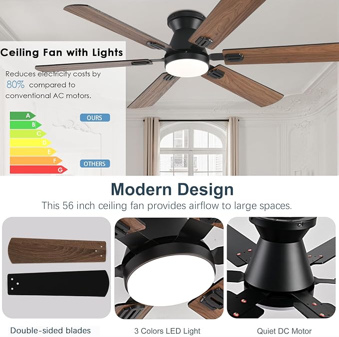 KNUN 56 inch Ceiling Fans with Lights,Brown Flush Mount Ceiling fan with Light and Remote/APP Control, 3CCT, Dimmable, Noiseless, Low Profile Ceiling Fan for Bedroom, Patio, Indoor/Outdoor Use