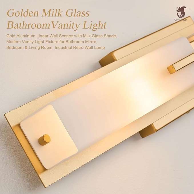 VitaLink Gold Vanity Light, 24” Modern Bathroom Wall Light Over Vanity Mirror 2-Light Hardwired Milky White Glass Wall Light for Bedroom Living Room Dining Room Hallway