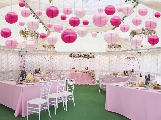 21-Pack Pink Paper Lanterns, Hanging Round Party Decorations | 4/6/8/10 inches Indoor Outdoor Decor for Halloween, Valentines Day, Wedding, Birthday, Baby Showers, Tea Party & Classroom