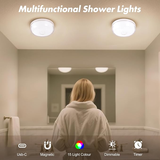 4-Pack Waterproof Shower Light No Wiring, Rechargeable Shower Lamp, White | 15 RGBW Color Mood Lighting with Remote Dimmable&Timer, LED Wireless Magnetic Ceiling/Wall Light for Bathroom Bathtub Closet