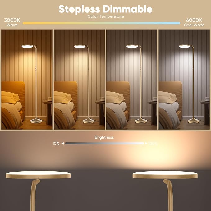 36W LED Floor Lamp, Super Bright Standing Lamp, Modern Stepless Dimmable Torchiere Tall Lamp with Remote Control, 350°Rotating Head Reading Floor Lamp for Living Room, Bedroom, Office