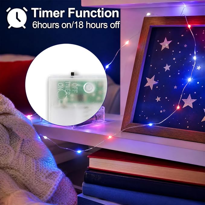 Patriotic Red White and Blue Fairy String Lights Battery Operated | 2 Pack Total 100Led Timer Copper Wire Mini Lights, Battery Powered Firefly DIY for 4th of July, Labor Day Decorations