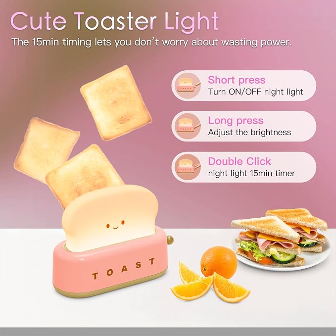 Desk Decor Cute Toast Lamp Small Desk Lamp Night Light for Kids | Rechargeable with Smile Face Kawaii Decor for Bedroom, Table, Bedside, Desk Gifts for Kids and Adults